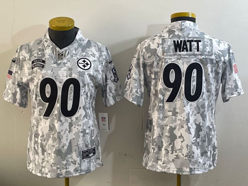 Youth Pittsburgh Steelers #90 Watt Nike Arctic Camo 2024 Salute to Service Limited NFL Jersey